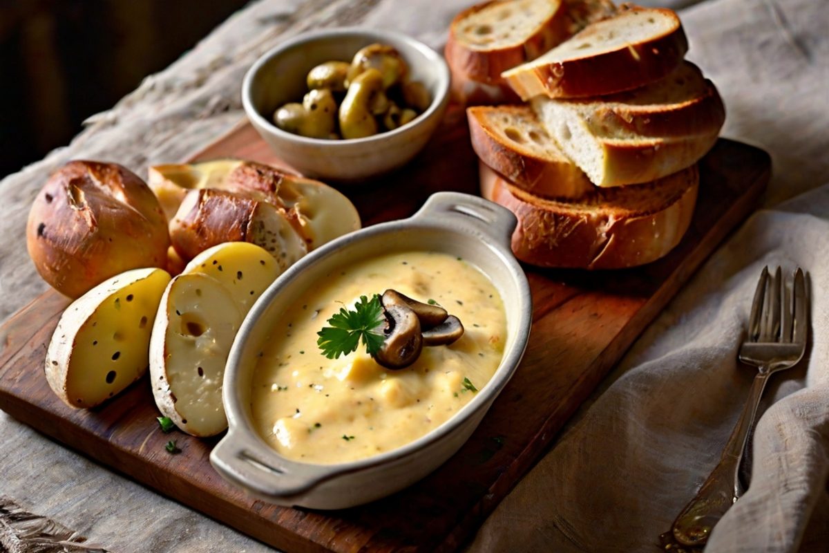 Allgäuer Emmentaler-Fondue mit Brot, Kartoffeln und Senfdip