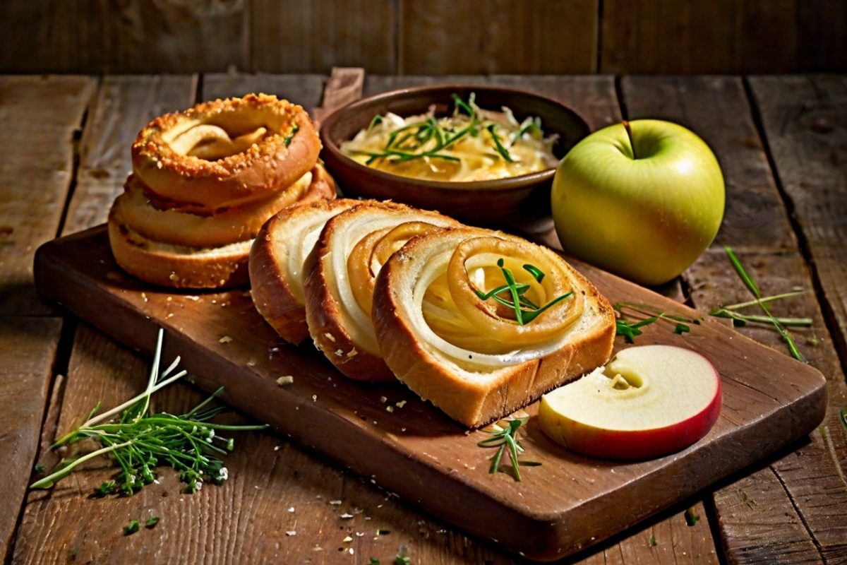 Alma Dorfkäse – Gratinierte Käseschnitten mit Zwiebel-Mostrich und Apfelscheiben