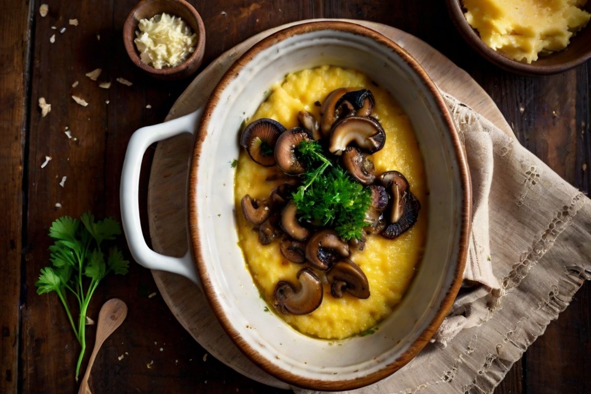 Caşcaval de Săveni – Überbackene Polenta mit Pilzragout und Knoblauchbutter