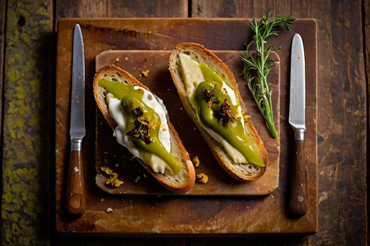 Canestrato di Foggia – Käsecrostini mit Fave-Purée, Cicoria und Chiliöl