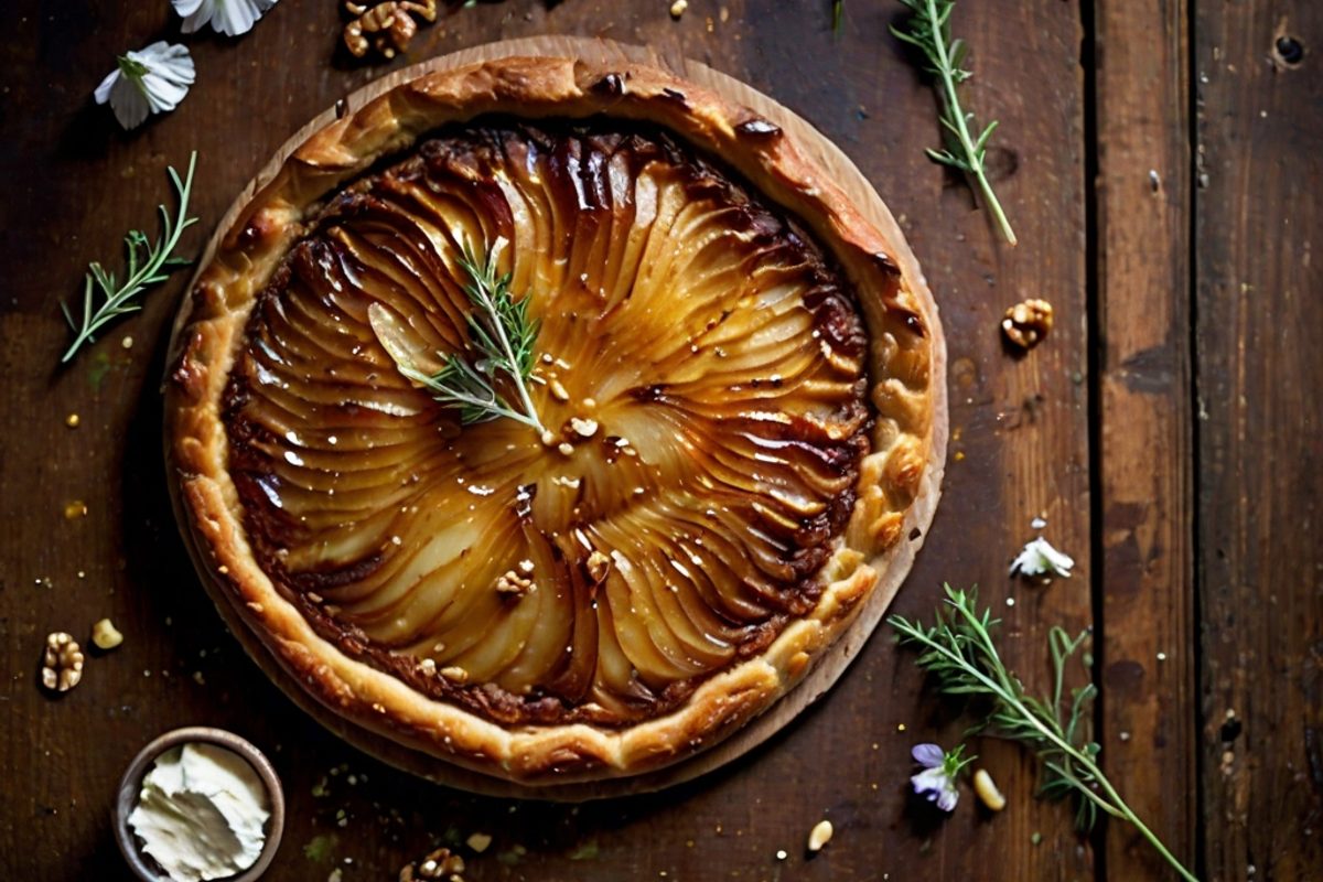 Caussedou-Tarte mit Walnüssen, Honig und Thymian-Zwiebeln