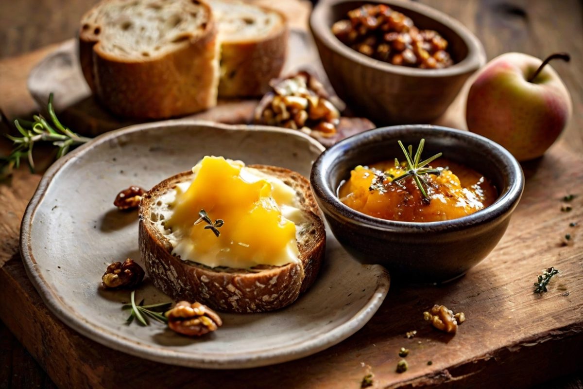 Entrammes-Scheiben mit Birnen-Chutney und Walnussbrot