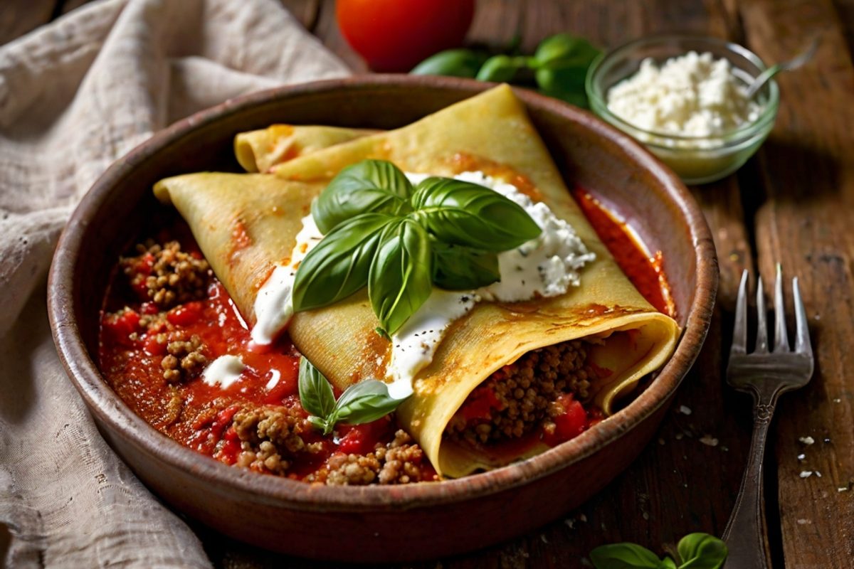 Frue – Sardinische Frischkäse-Crespelle mit Tomaten-Sugo und frischen Kräutern