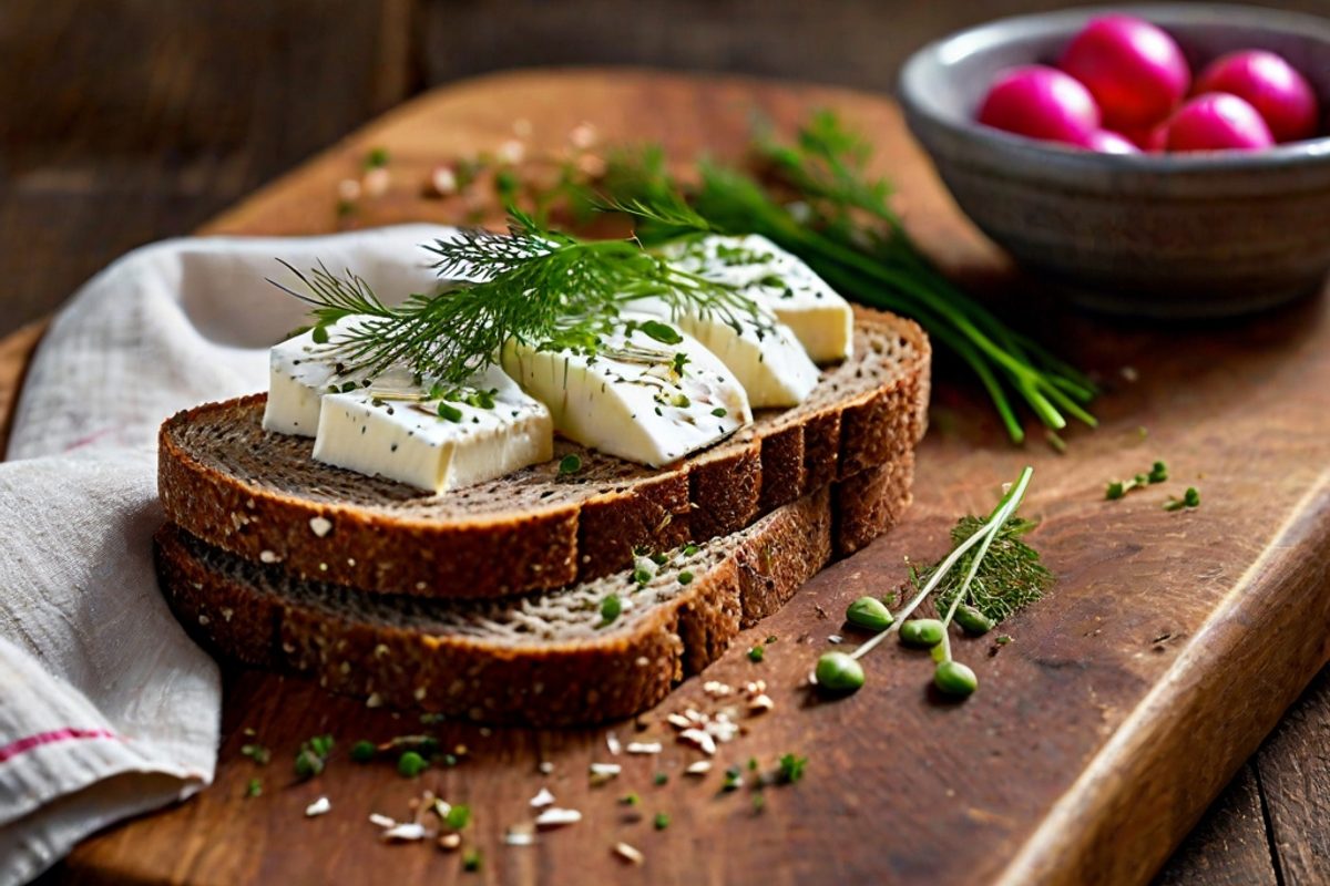 Fynsk Rygeost auf Roggenbrot mit Schnittlauch-Butter und Radieschen