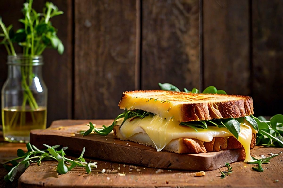 Grachtenkaas-mild-Croque mit Apfel, Senf und Rucola