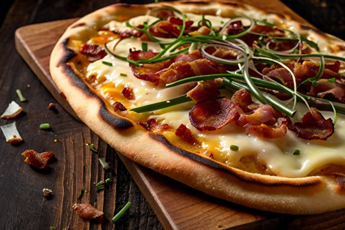 Hittisauer Bergkäse-Flammkuchen mit Speck und Bergkräutern