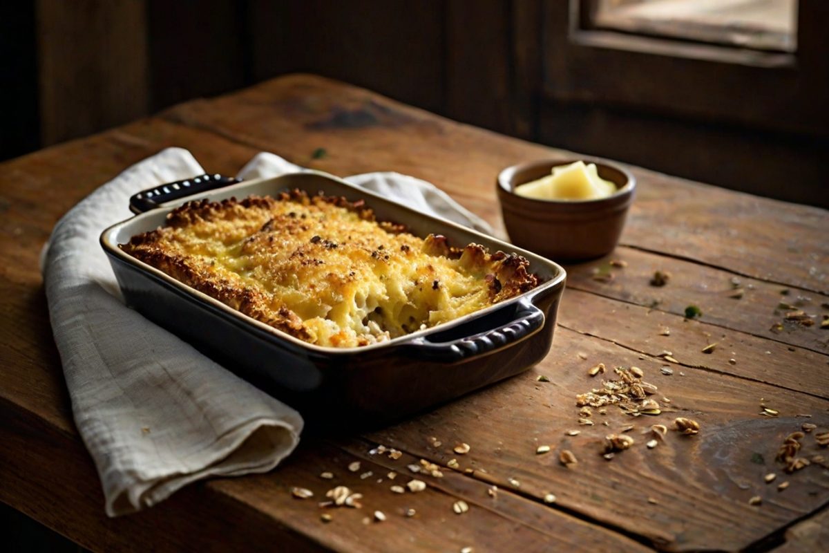 Isle of Mull Cheddar – Herzhafter Käse-Porree-Auflauf mit Senf und Haferbröseln