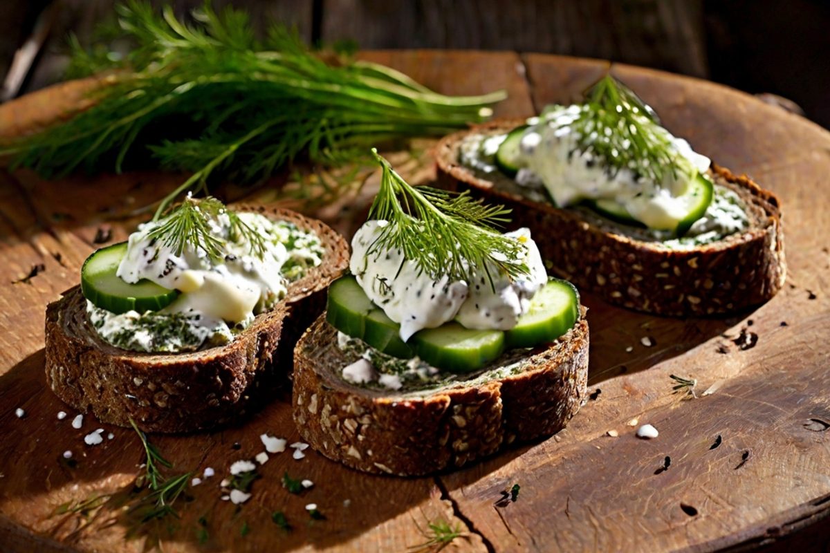 Krondild – Dänischer Dillkäse mit Gurken-Crème-fraîche und Pumpernickel