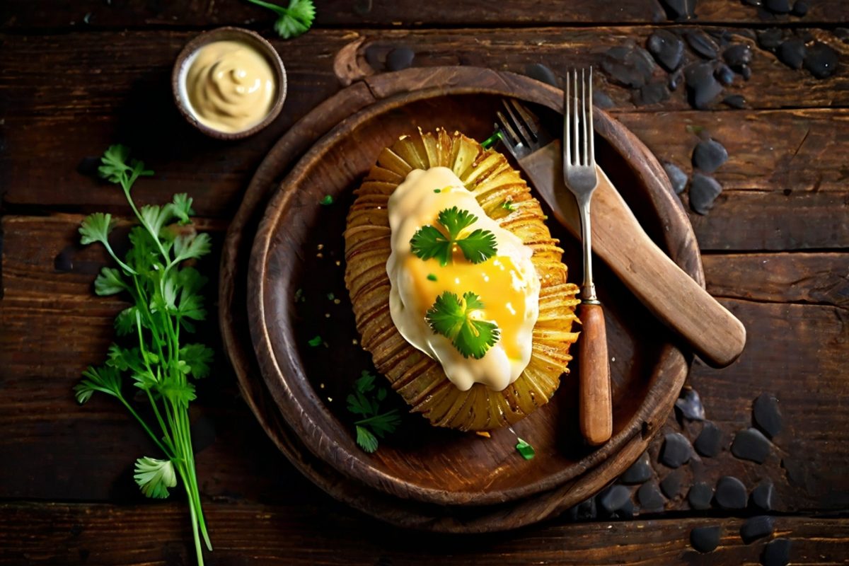 Kvibille Cheddar Mild – Gratinierte Hasselback-Kartoffeln mit Senf-Sahne-Sauce
