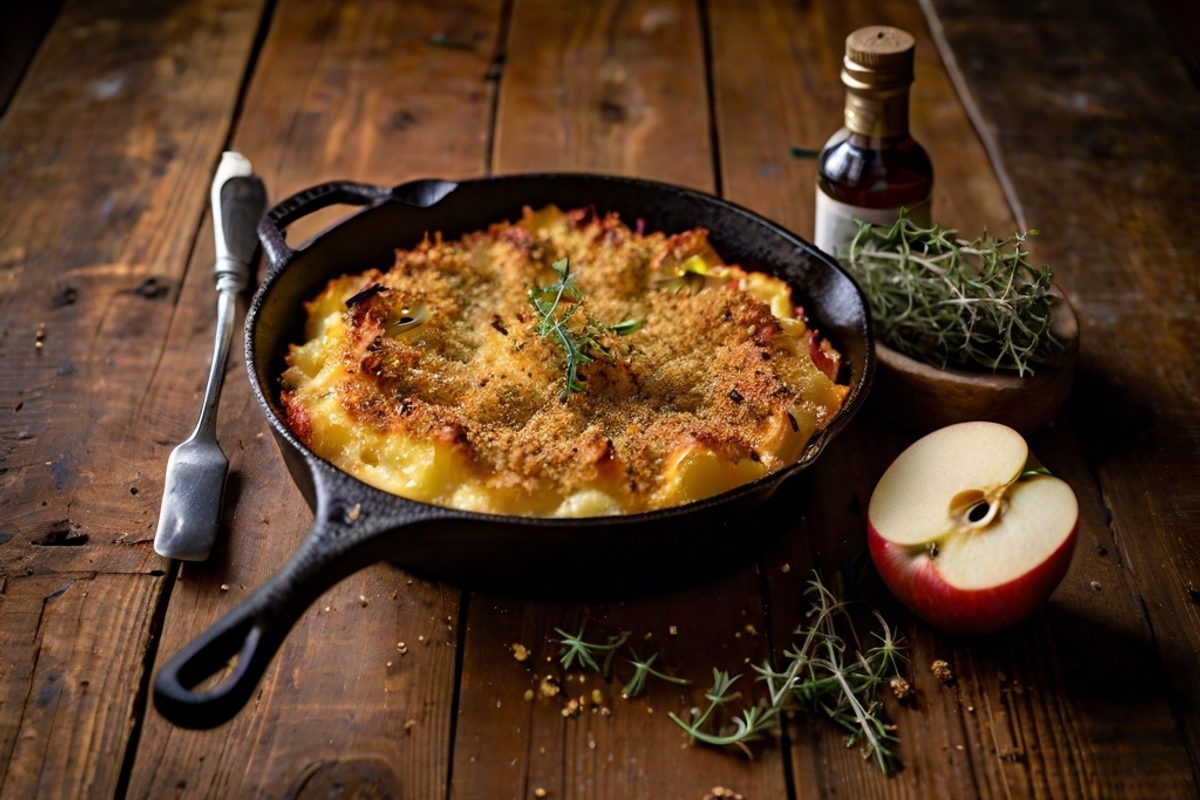 Livarot-Gratin mit Äpfeln, Cidre und karamellisierten Schalotten