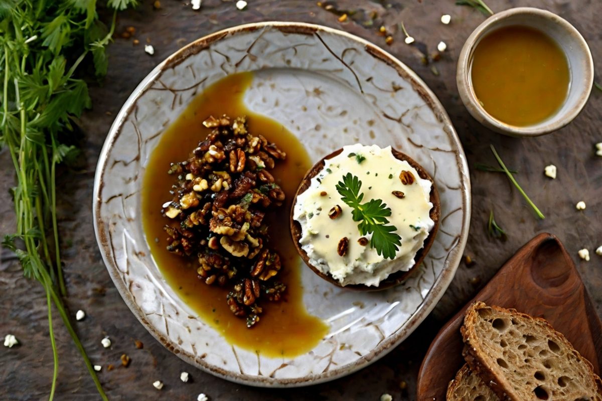Mothais sur feuille – Warmer Ziegenkäse auf Kastanienblatt mit Linsen-Vinaigrette und geröstetem Walnussbrot