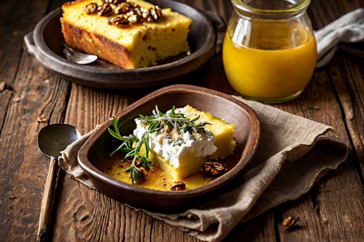 Persillé de la Tarentaise – Bergkäse-Gratin mit Polenta, Walnüssen und Honig