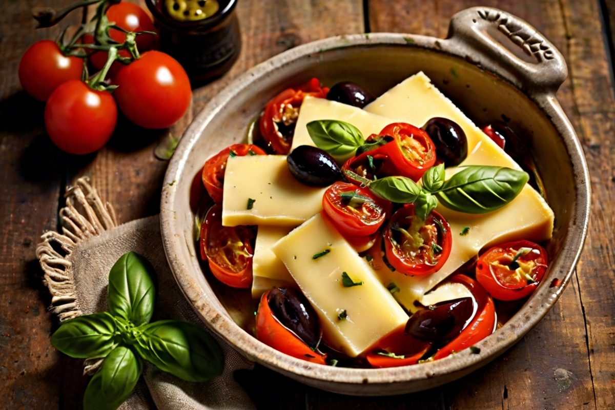 Telemes-Auflauf mit Tomaten, Oliven und Oregano