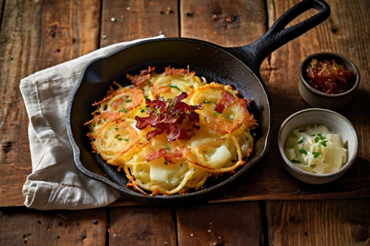 Tilsiter-Schwarze-12-Rösti mit Speck, Senf-Sahne und Röstzwiebeln