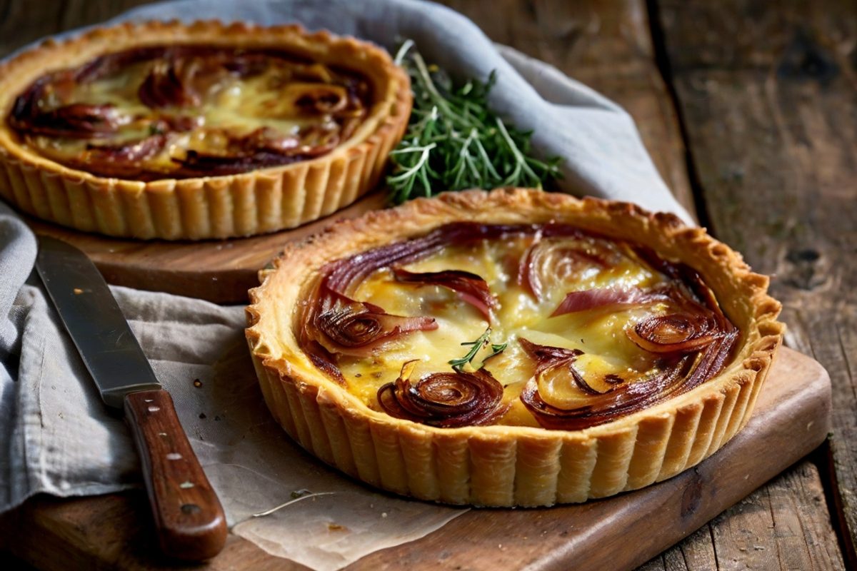 Tomme du Rouergue – Käse-Tarte mit Zwiebeln, Lardons und Thymian