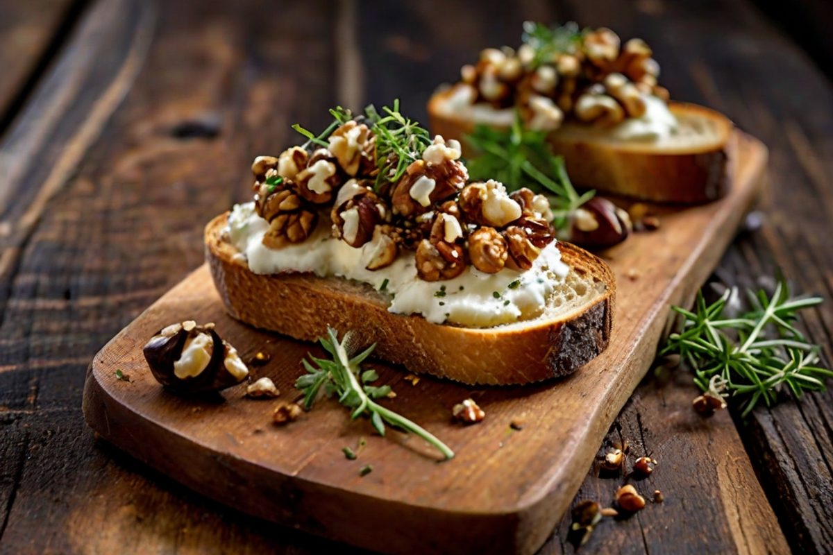 Trüffelperle-Crostini mit karamellisierten Schalotten und Haselnüssen