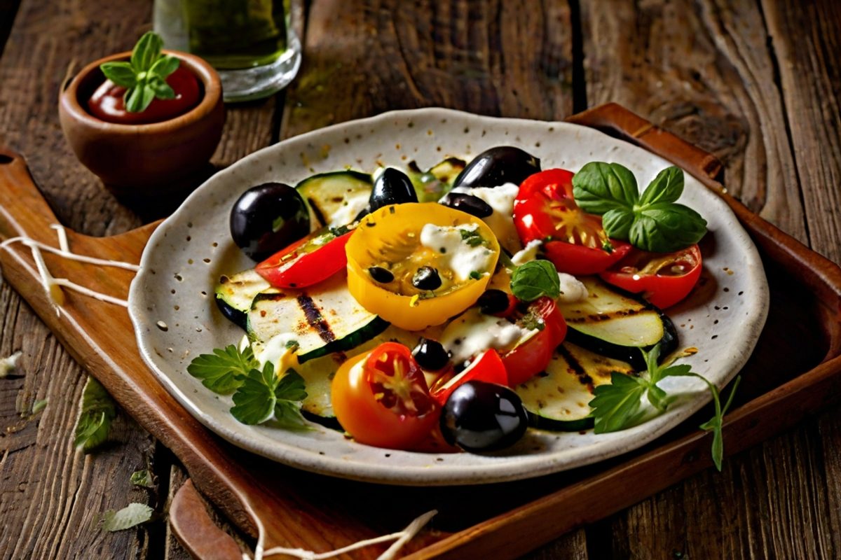 Vlašićki-sir-Salat mit gegrilltem Gemüse, Oliven und Fladenbrot