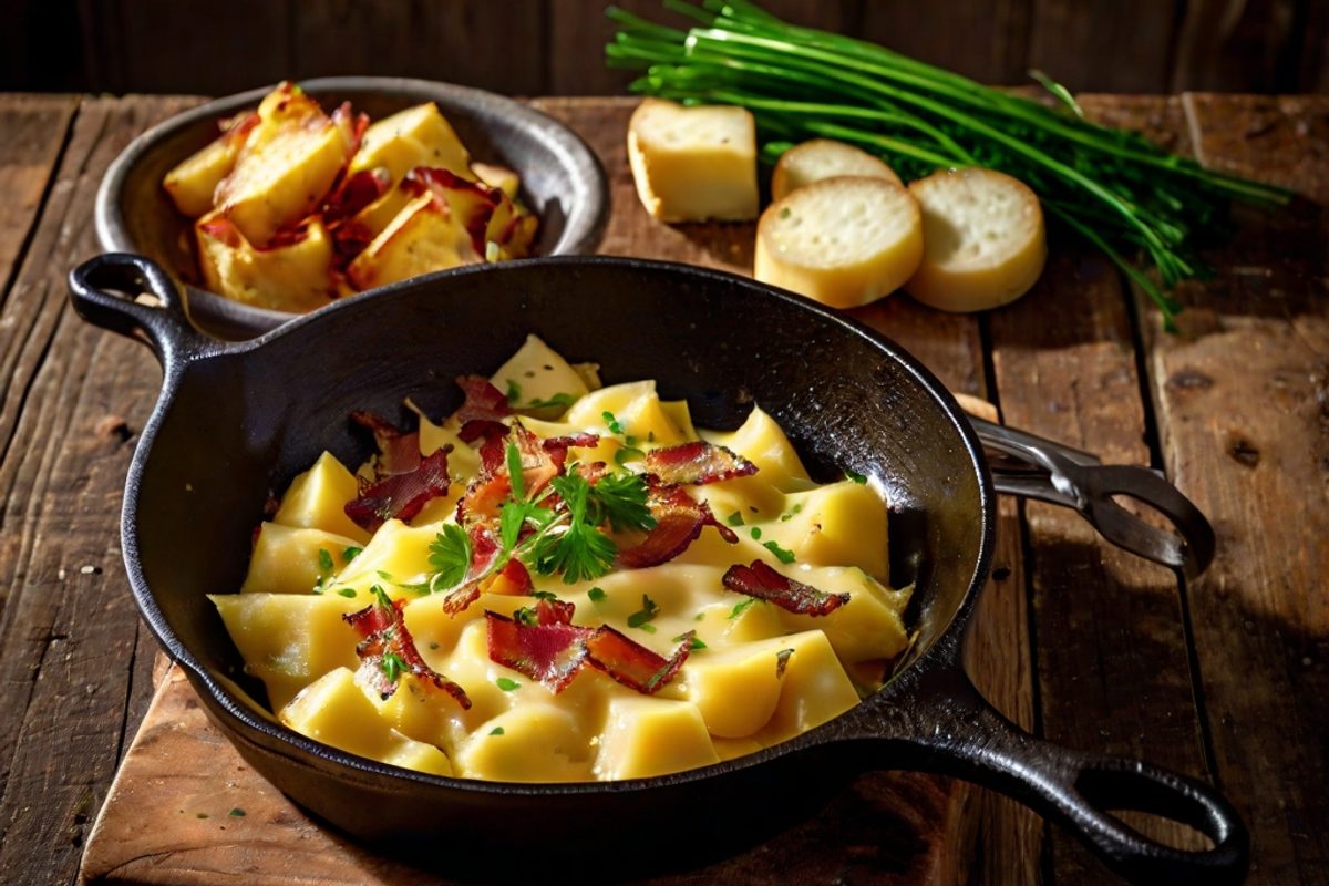 Wäldertraum-Käsepfanne mit Lauch, Speck und Bergkartoffeln