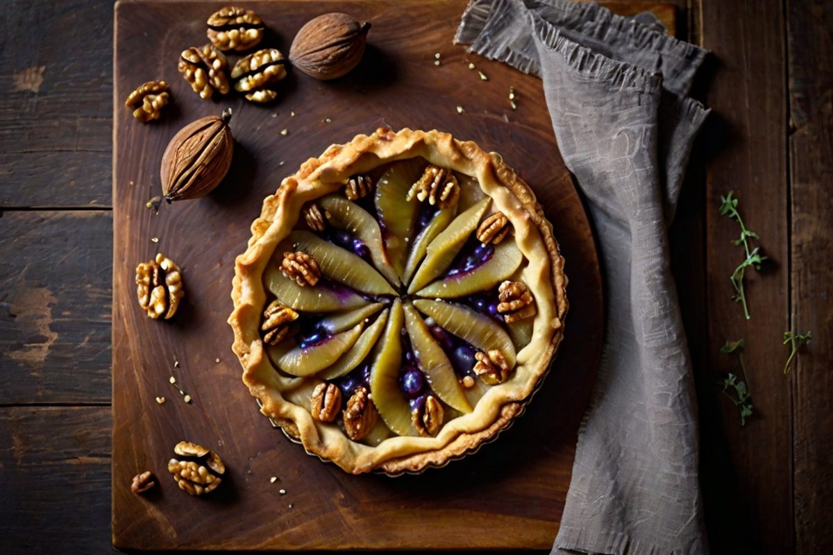 Weintraubenkäse-Tarte mit karamellisierten Trauben und Walnuss-Mürbeteig